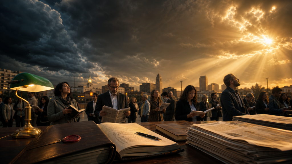 Artigos sobre o Apocalipse: dossiê de couro com selo de cera, caneta-tinteiro e jornais, cidadãos lendo em praça urbana ao entardecer sob céu entre tempestade e luz dourada.