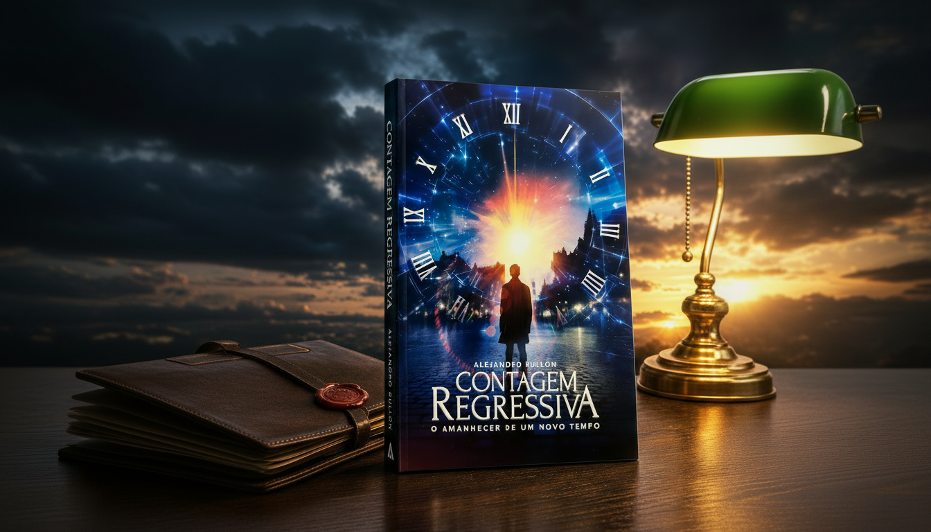 Contagem Regressiva, de Alejandro Bullón: a capa do livro em destaque sobre a mesa, com dossiê selado e lampião, sob um céu dividido entre a tempestade e o amanhecer dourado.