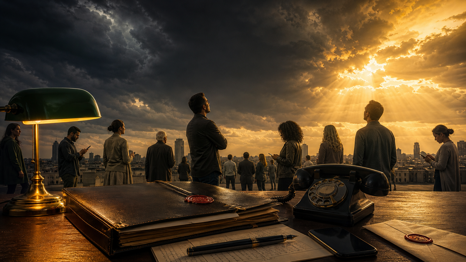 Contato Dossiê Apocalipse: dossiê de couro com selo de cera, telefone vintage e envelope, cidadãos em praça urbana ao entardecer sob céu entre tempestade e luz dourada.