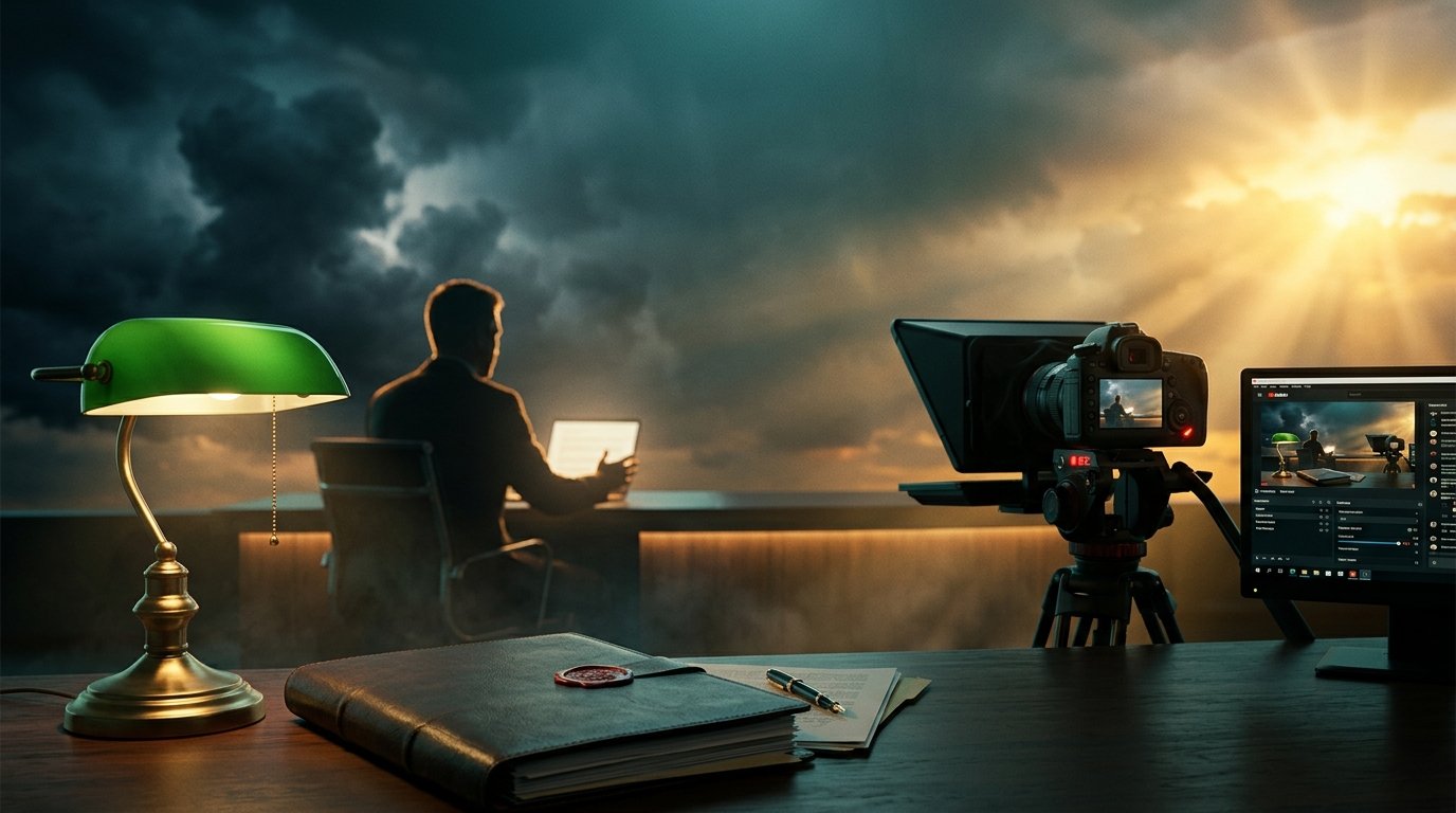 Jornada do Apocalipse ao Vivo: apresentador em silhueta no estúdio, com câmera de transmissão com luz REC acesa e dossiê de selo de cera em primeiro plano, sob um céu dividido entre tempestade e luz dourada.