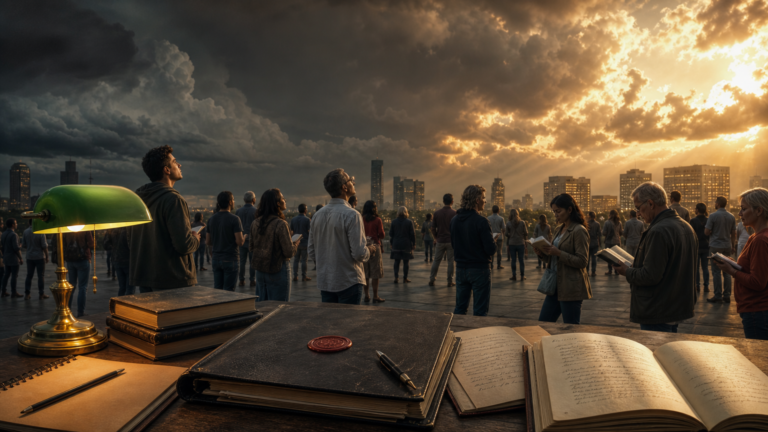 Lições Dossiê Apocalipse: pilha de livros, caderno com anotações e caneta sobre mesa de madeira escura, dossiê com selo de cera, e céu dramático entre tempestade e luz dourada.