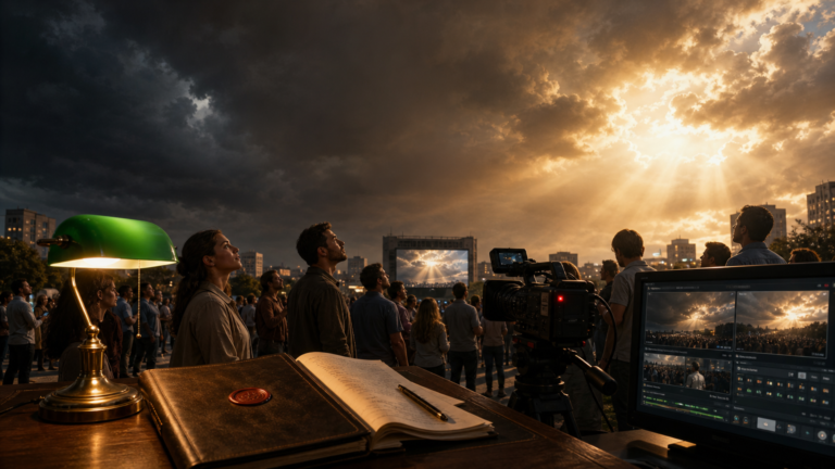 Lives Dossiê Apocalipse: câmera profissional com luz REC e monitor de transmissão ao vivo sobre mesa de madeira escura, dossiê com selo de cera, e céu dramático entre tempestade e luz dourada.