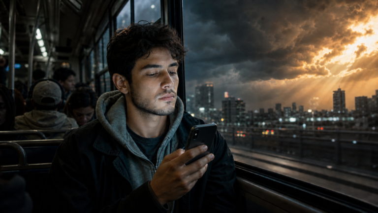Os 7 selos do Apocalipse explicados - Jovem em um metrô à noite observando no celular manchetes de guerra e crise econômica, com um céu dividido entre tempestade e luz dourada além da janela.