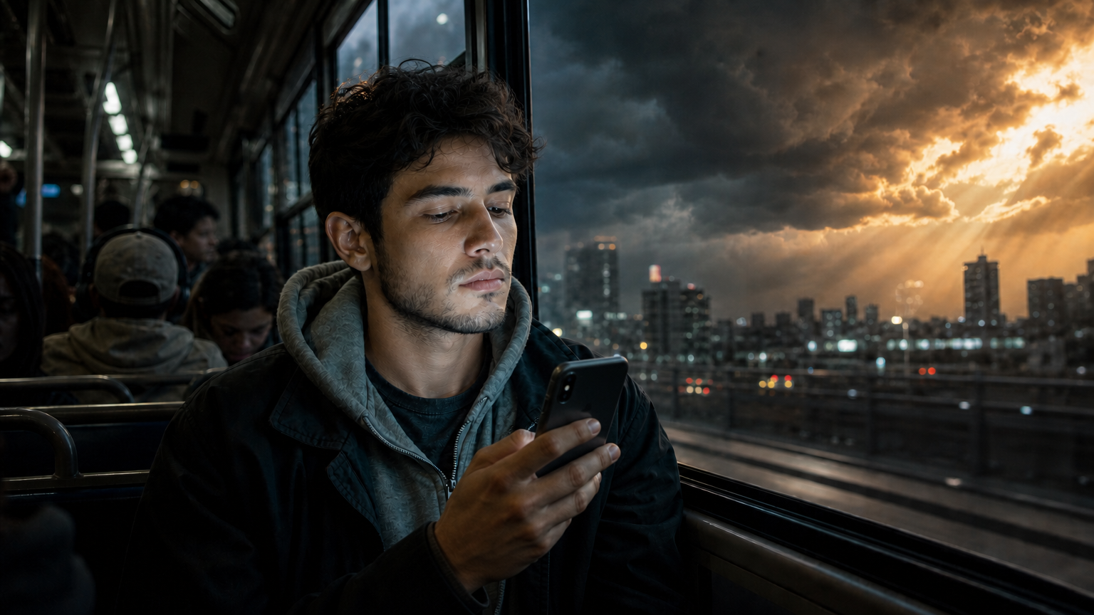 Os 7 selos do Apocalipse explicados - Jovem em um metrô à noite observando no celular manchetes de guerra e crise econômica, com um céu dividido entre tempestade e luz dourada além da janela.