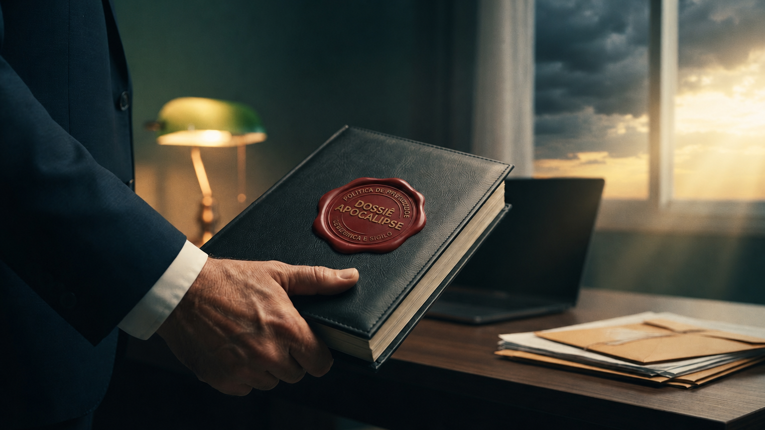 Homem de terno segurando um dossiê de couro com selo de cera vermelha diante de uma janela, com céu dividido entre tempestade e luz dourada — representando a proteção e confidencialidade e privacidade dos dados no Dossiê Apocalipse.