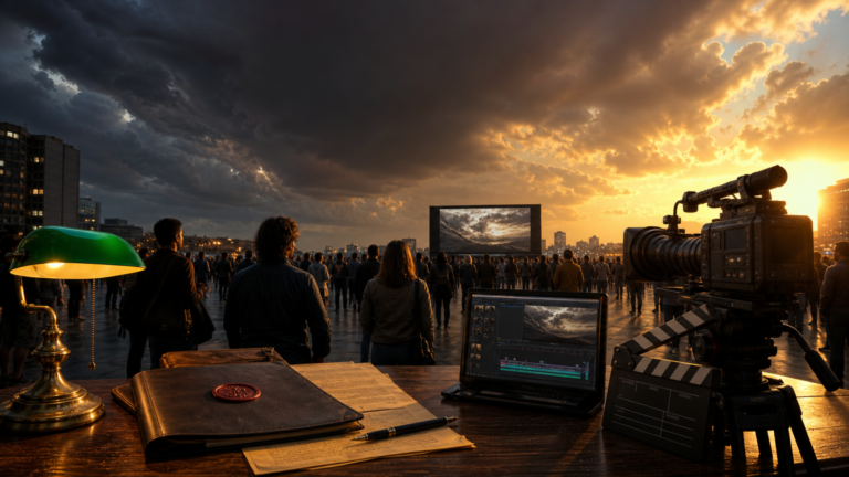 Vídeos sobre o Apocalipse | Dossiê Apocalipse: dossiê de couro com selo de cera, câmera de cinema e claquete sobre a mesa, pessoas em praça urbana ao entardecer sob céu entre tempestade e luz dourada.